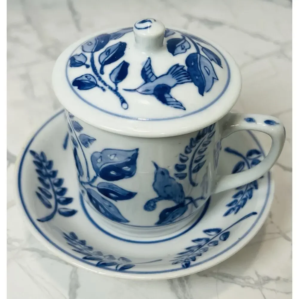 Vintage, IDG Italy, Blue & White Cup, Saucer And Lid Botanical And Birds